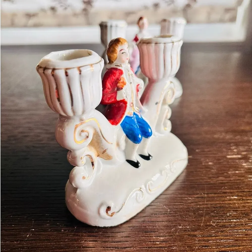 Made in Occupied Japan Colonial Couple Porcelain Candle Holders Pair